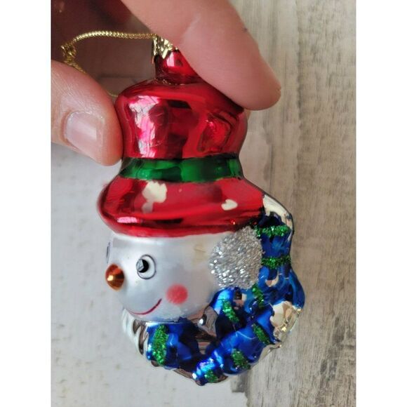 Snowman face glitter mistletoe blown glass ornament Xmas - Picture 2 of 9